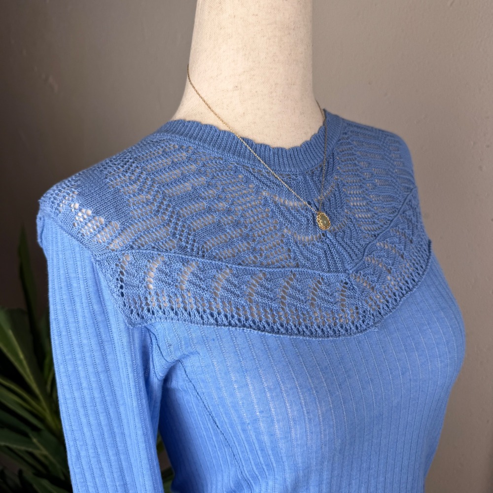 Dainty Coquette Floral Feminine Free People Ribbed Knit Top XS Blue Lace  Yoke - Picture 4 of 7